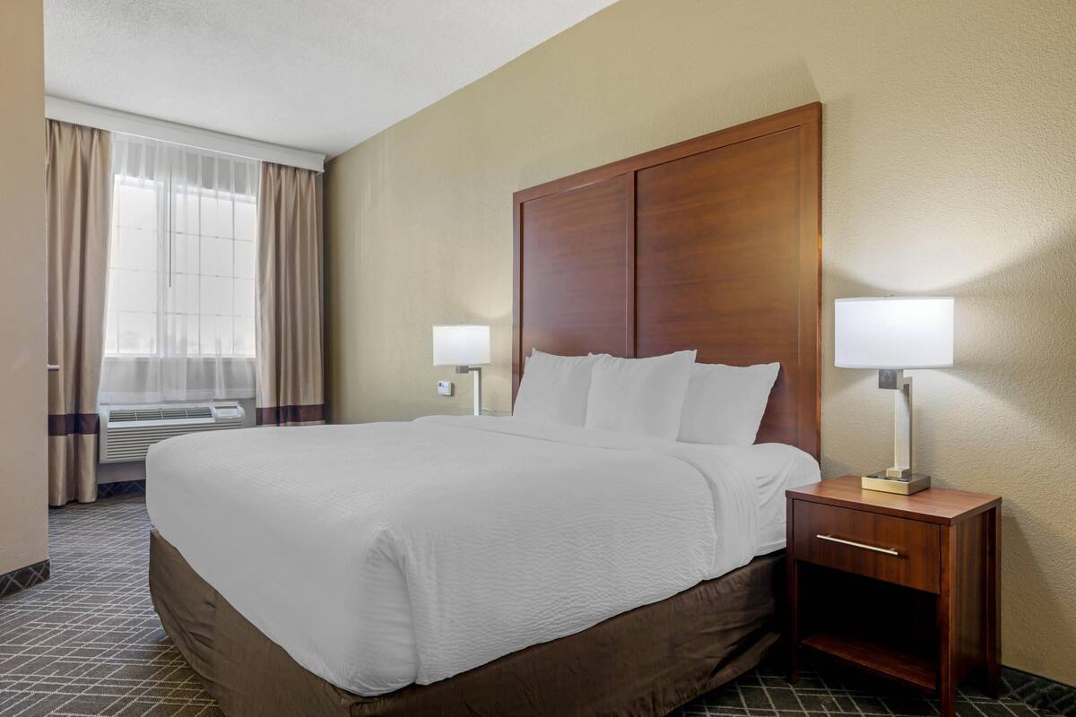 A hotel room with a large bed, two bedside lamps, a wooden nightstand, and a window with curtains.