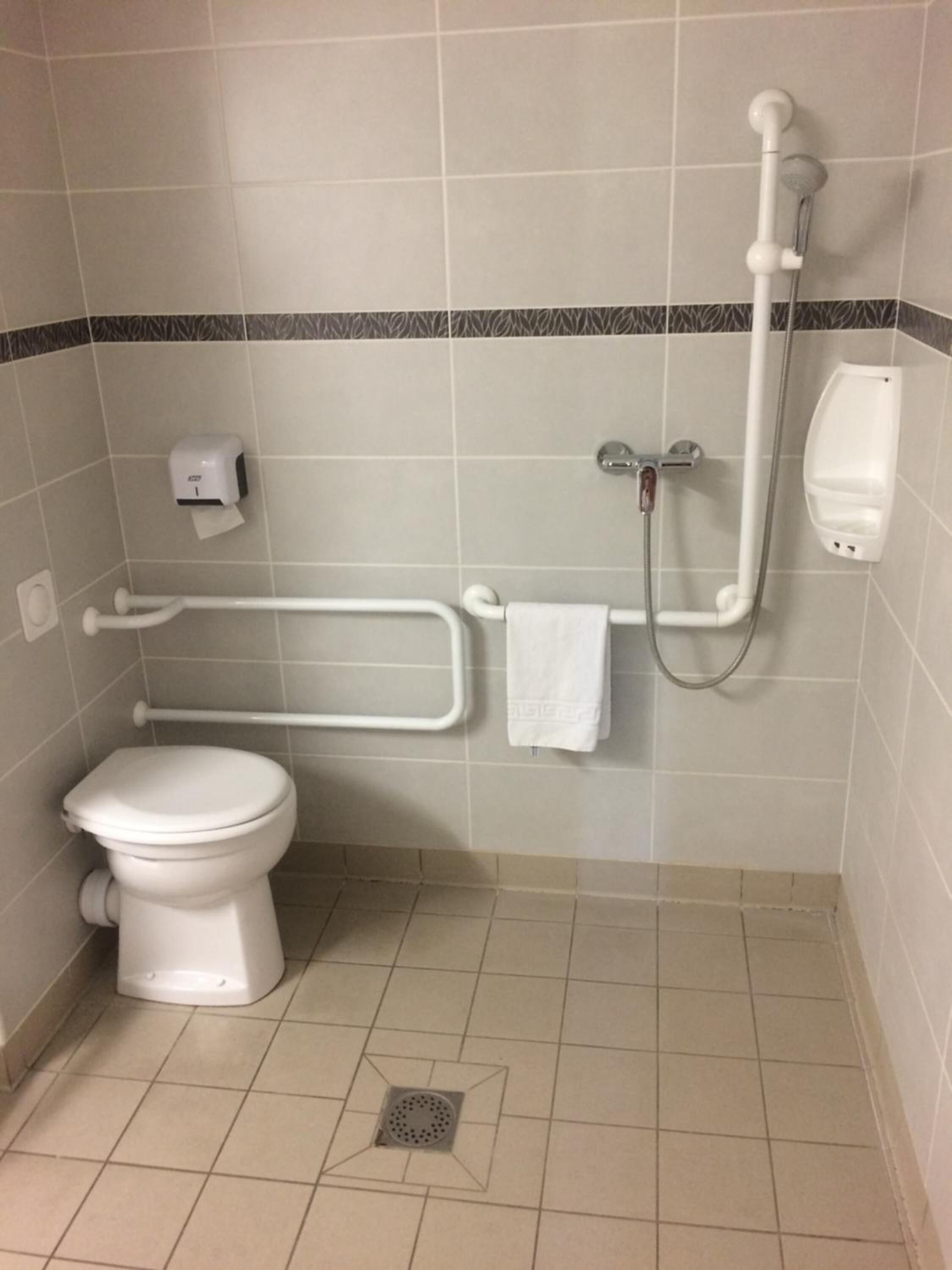 combined shower/bathtub, free toiletries, hair dryer, towels