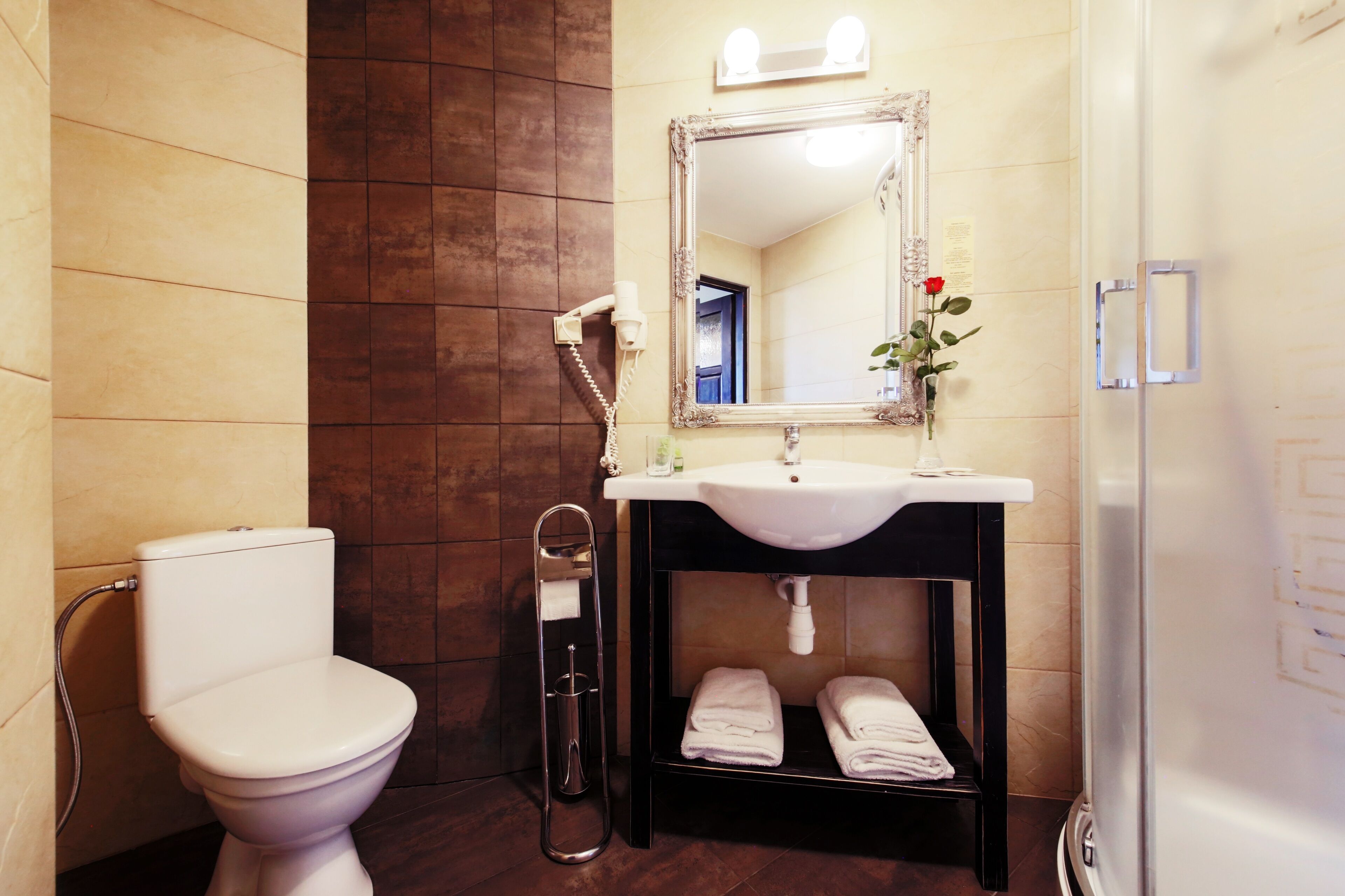 free toiletries, hair dryer, towels