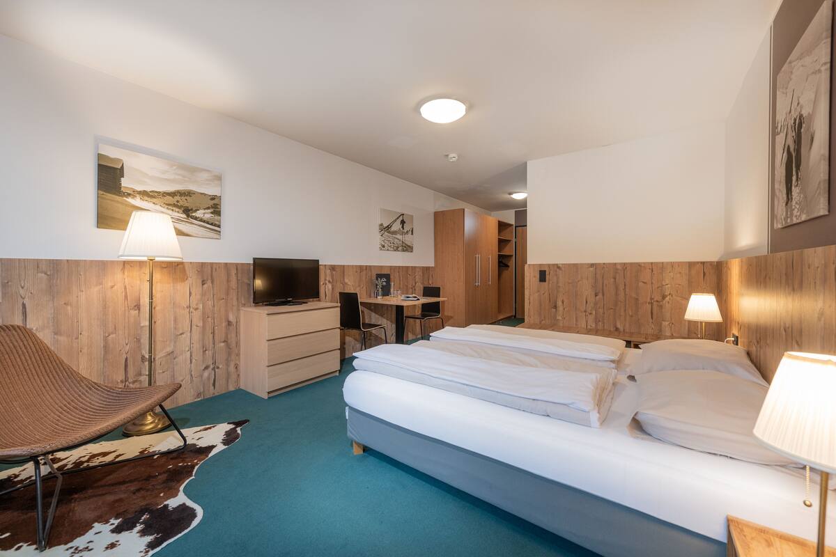 A hotel room with a bed, a desk, a chair, a TV, and a cowhide rug.