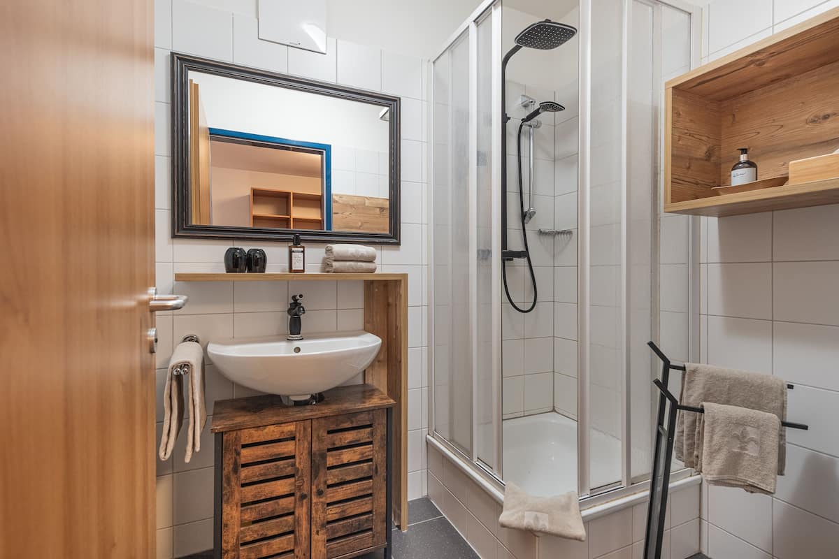 shower, free toiletries, hair dryer, towels