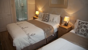 A hotel room with a bed, a nightstand, a lamp, a mirror, and a shower area. - Arch House Apartments (Athlone)
