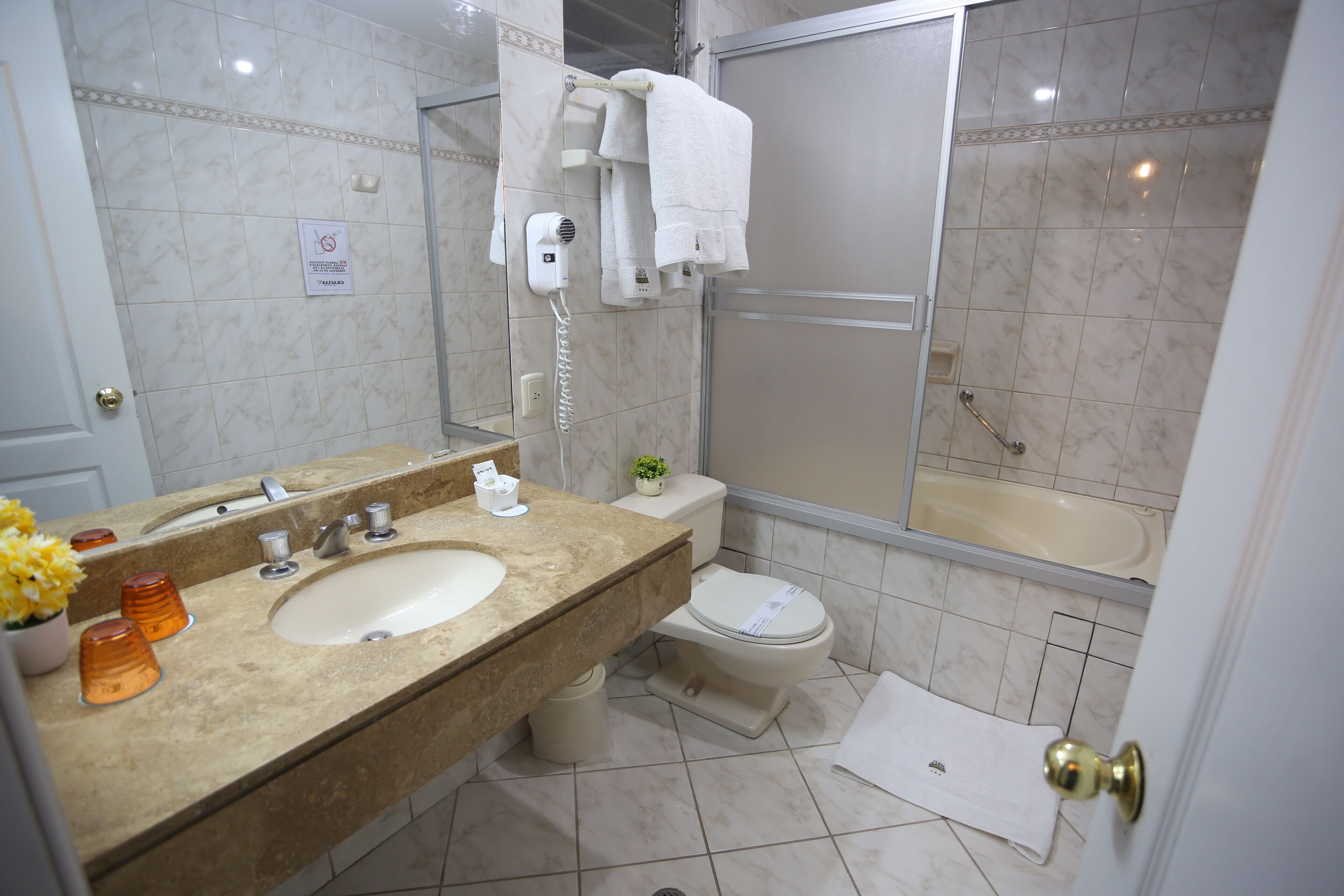 double or twin room | bathroom | separate bathtub and shower, hair dryer, towels, soap