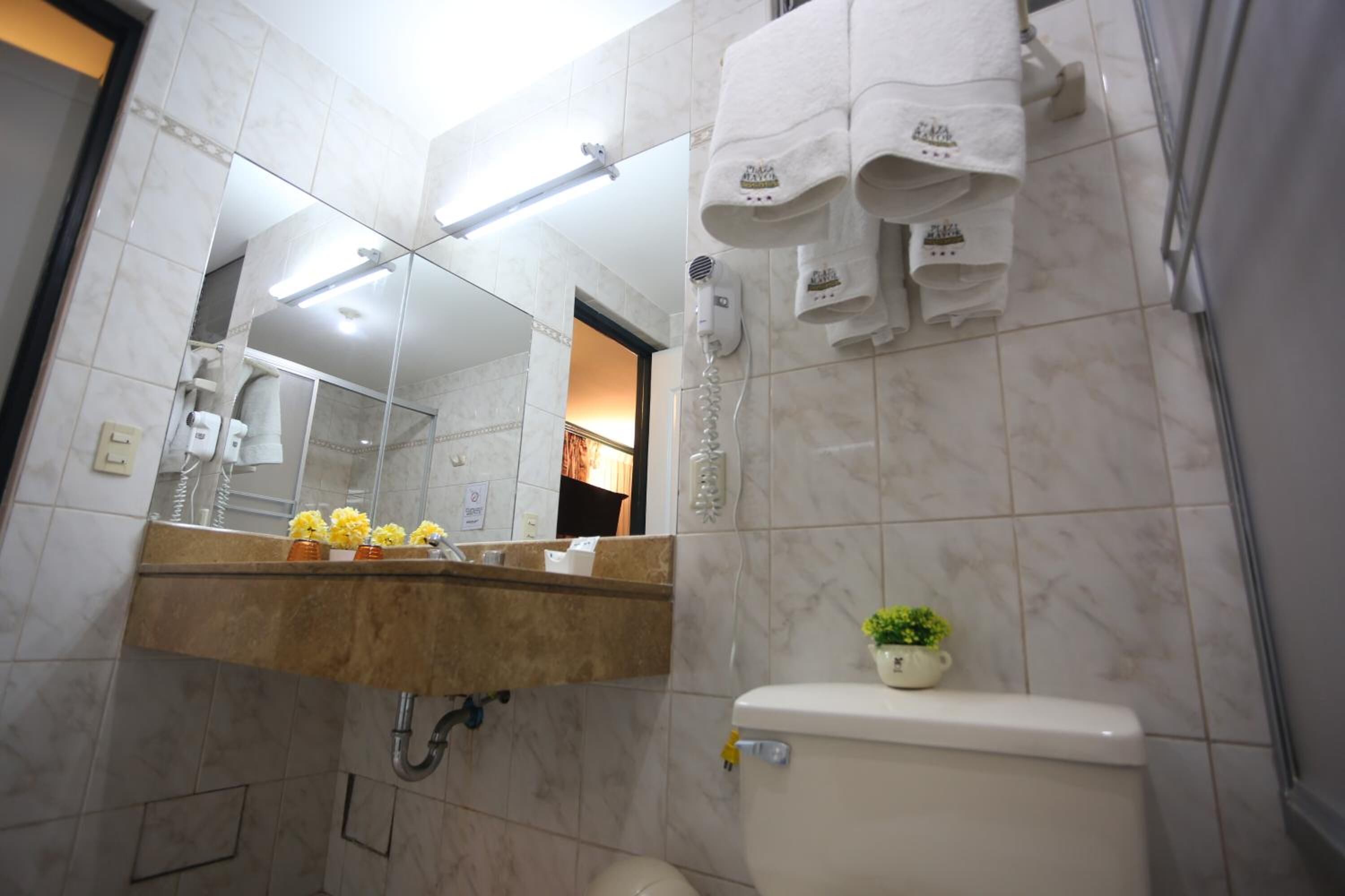 separate bathtub and shower, hair dryer, towels, soap