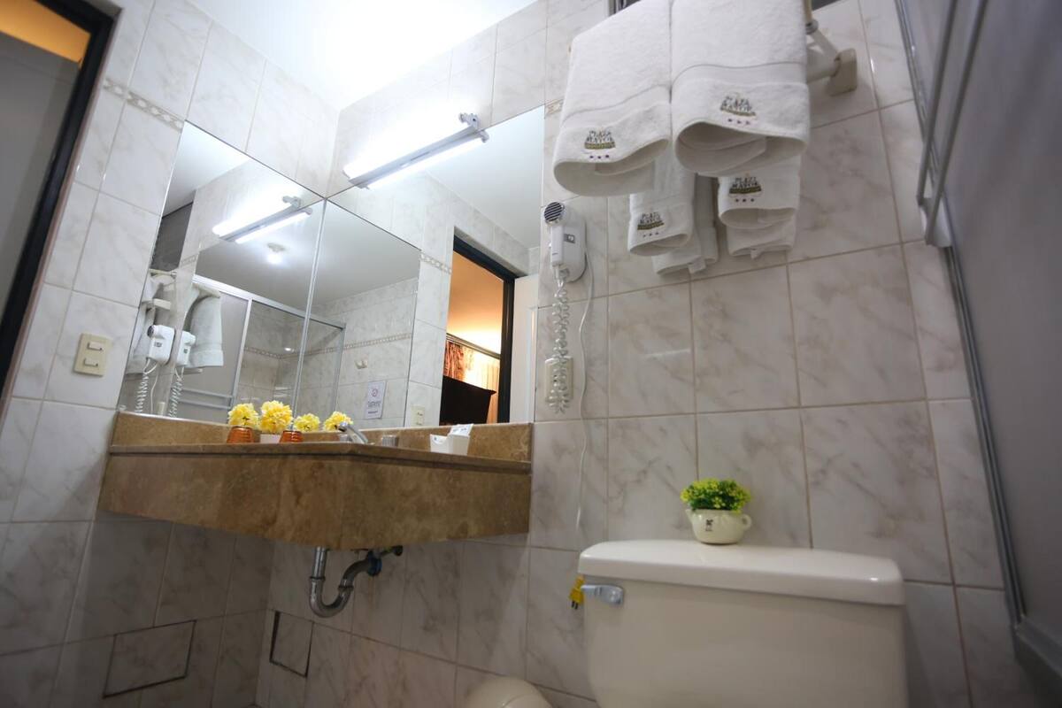 separate bathtub and shower, hair dryer, towels, soap