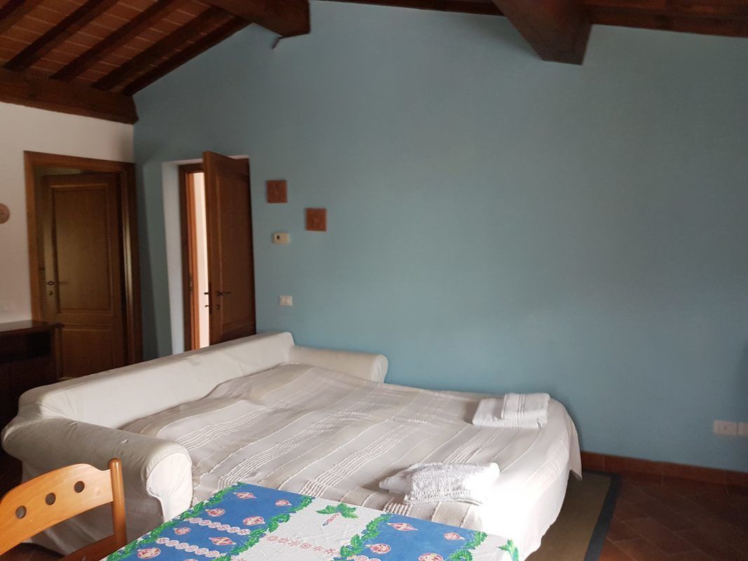 Un dormitorio con una cama grande, un cabecero de madera, una pared azul y una puerta al fondo.