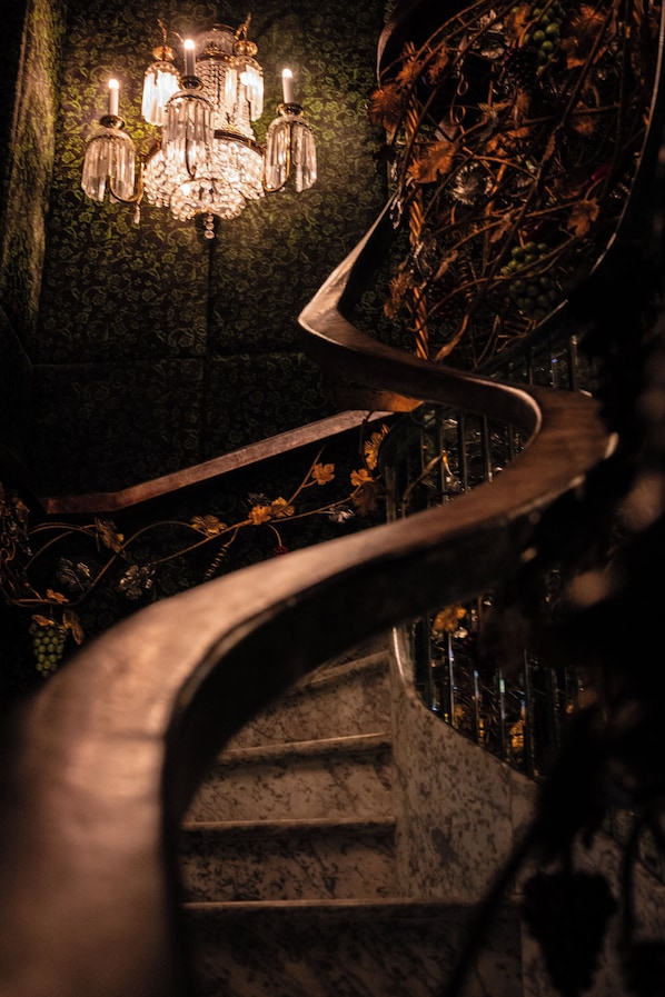 Una escalera de caracol con candelabro, rodeada de hiedra y hojas.