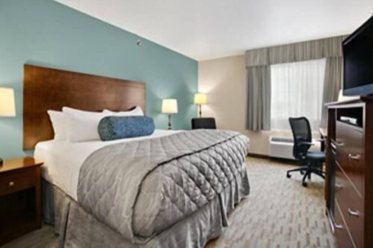 Een hotelkamer met een bed, nachtkastjes, een bureau met stoel, een televisie en een raam met gordijnen.