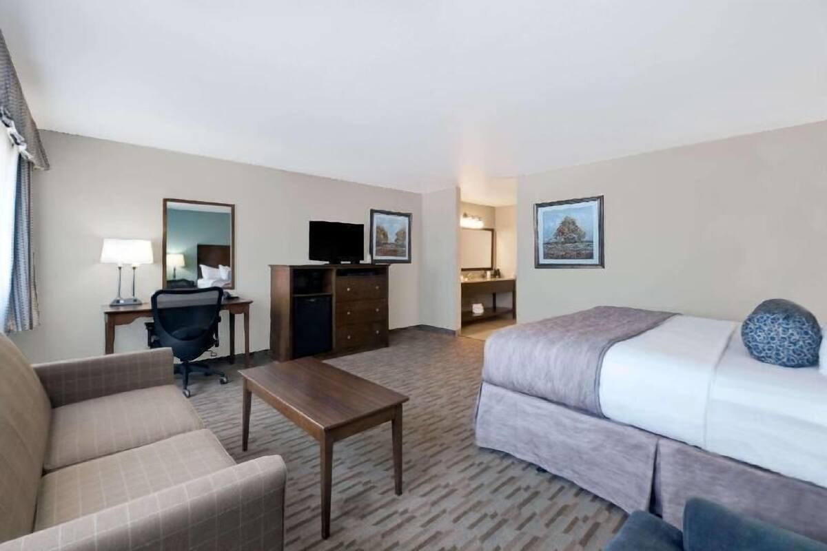 Een hotelkamer met een bank, een bed, een bureau met een computer, een televisie en een lamp.