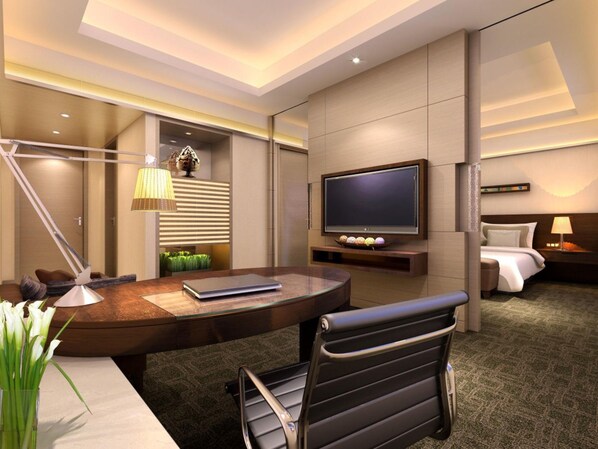 A modern hotel room with a desk, chair, television, bed, and bedside table. - Holiday Inn Xi'an Big Goose Pagoda by IHG (Xi'an)