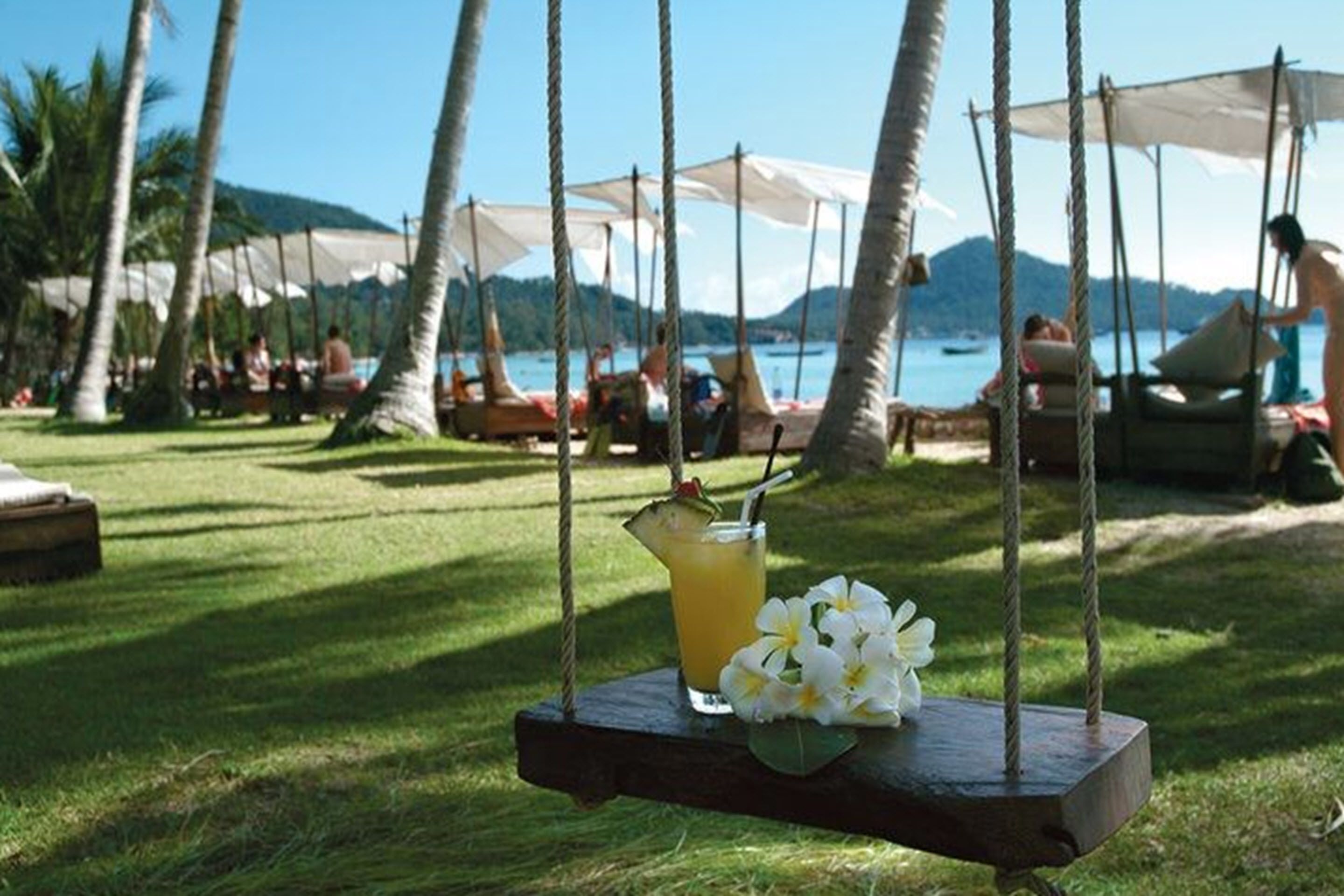 Una silla colgante con una bebida y flores, rodeada de palmeras y sombrillas de playa.