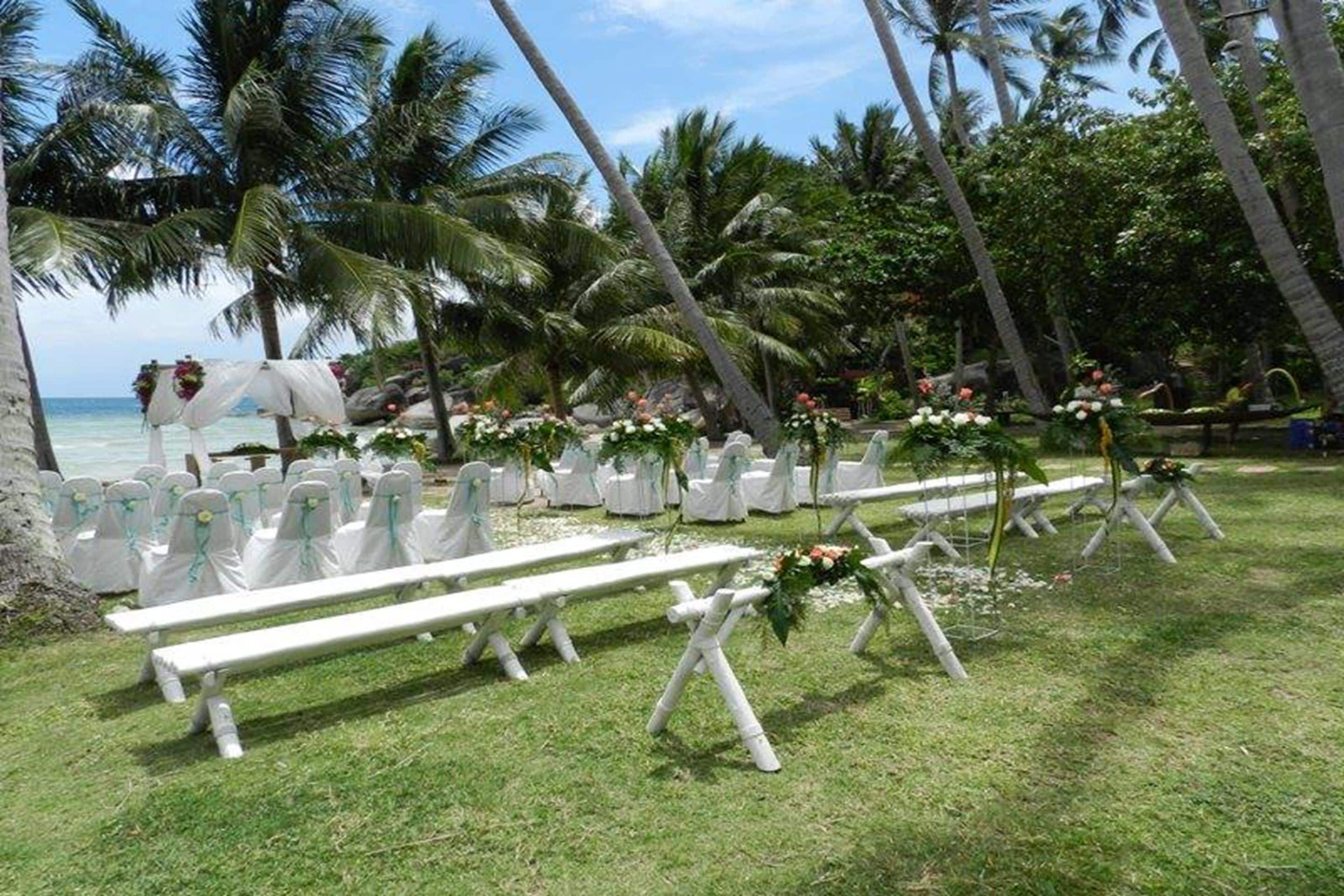 An outdoor wedding setup with white chairs and benches, palm trees, and a view of the ocean.