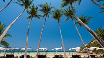 Una playa con palmeras, tumbonas y sombrillas.