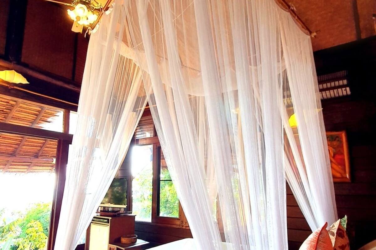 Une chambre avec un lit, un ventilateur de plafond et une fenêtre donnant sur un paysage verdoyant.