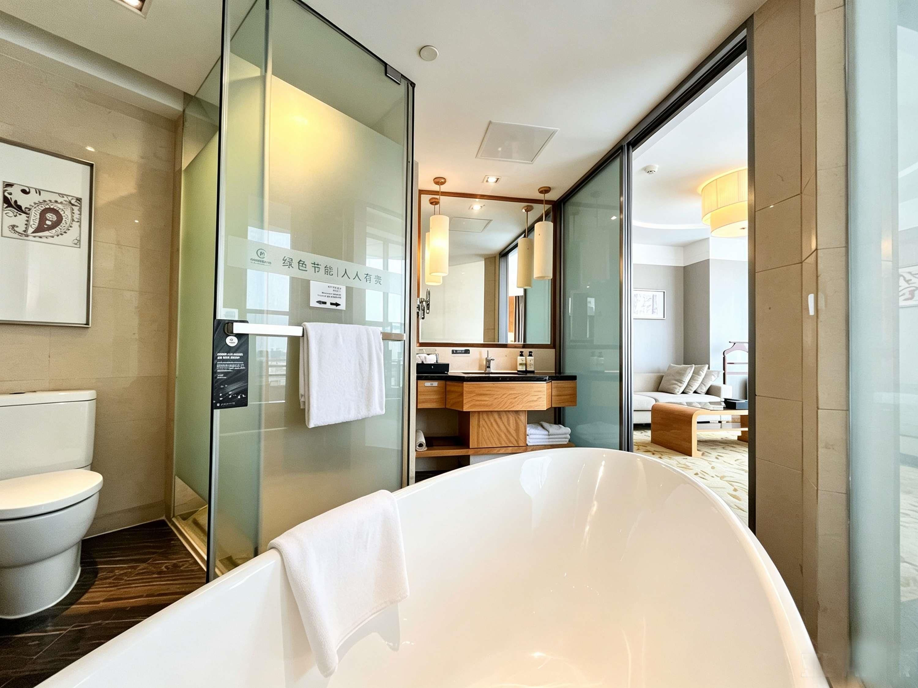 A modern bathroom with a glass partition, a white bathtub, a toilet, and a vanity with a mirror.