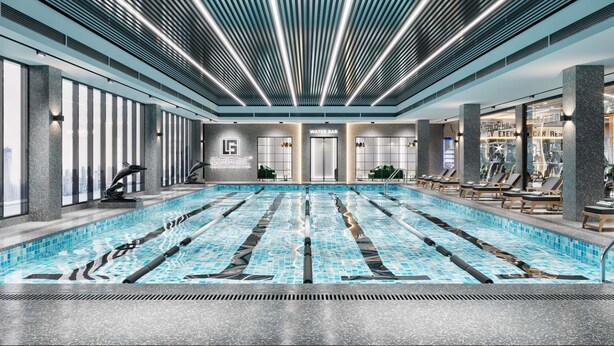 A modern indoor swimming pool with a clear view of the cityscape through large windows. - Pullman Linyi Lushang (Linyi)