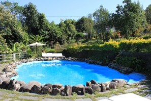 Outdoor pool, pool umbrellas, pool loungers