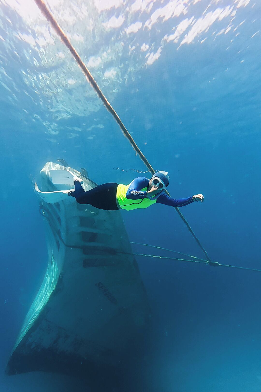 A diver underwater, wearing a blue and yellow suit, with a rope extending above.