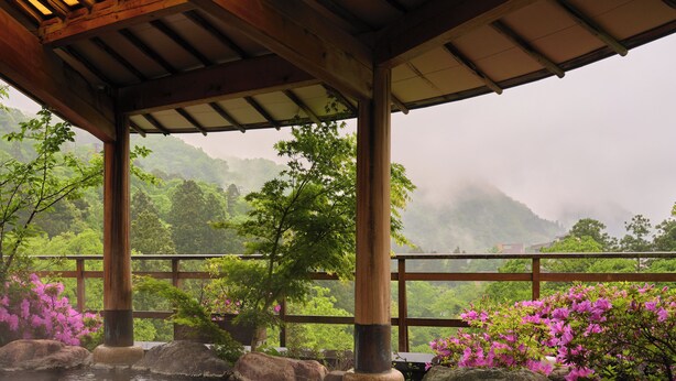 A traditional Japanese garden with a wooden structure, a koi pond, and vibrant flowers.