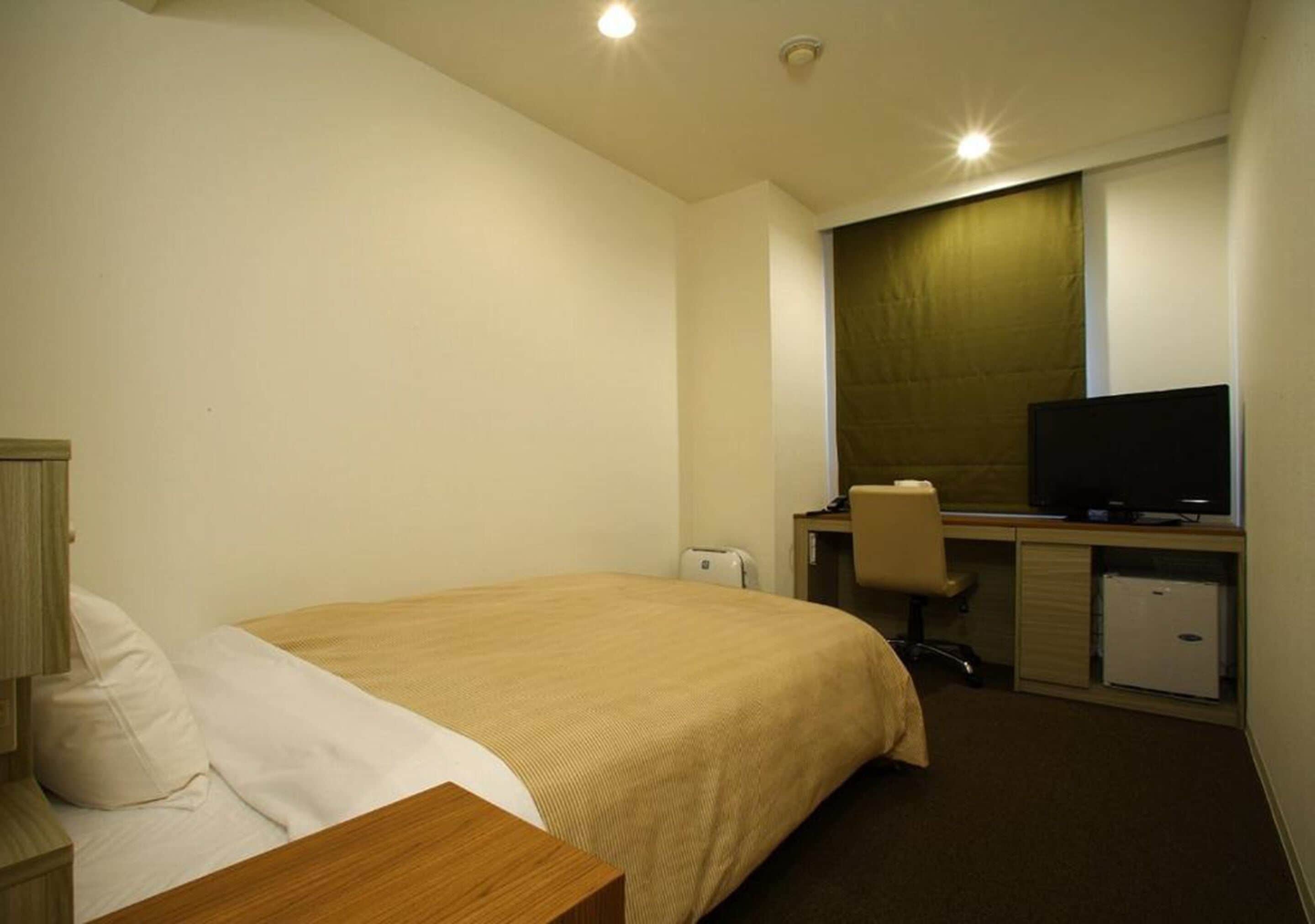 A hotel room with a bed, a desk with a computer, and a television.