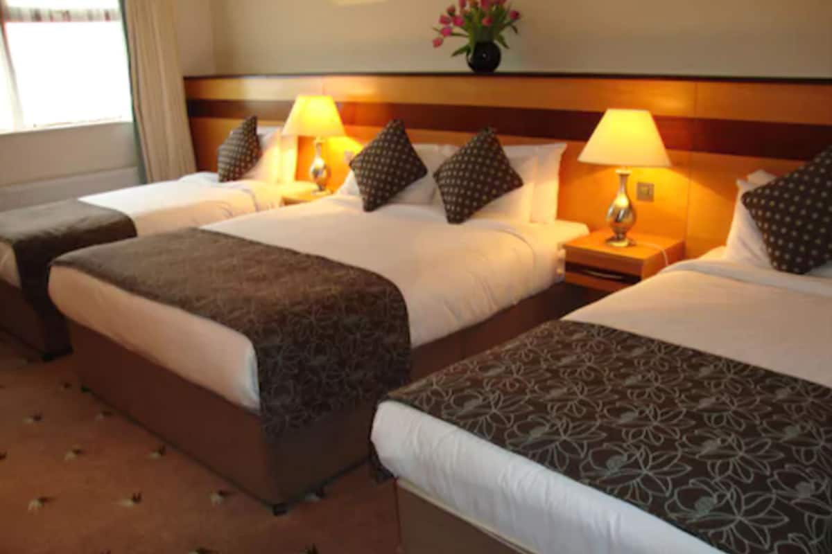 A hotel room with two beds, each with a patterned bedspread, a nightstand with a lamp, and a vase with flowers on the headboard.