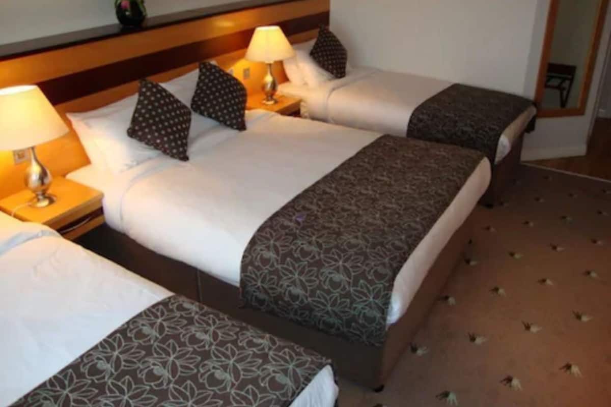 A hotel room with two beds, each with a pillow and a lamp. There is a vase with flowers on the wall and a patterned rug on the floor.