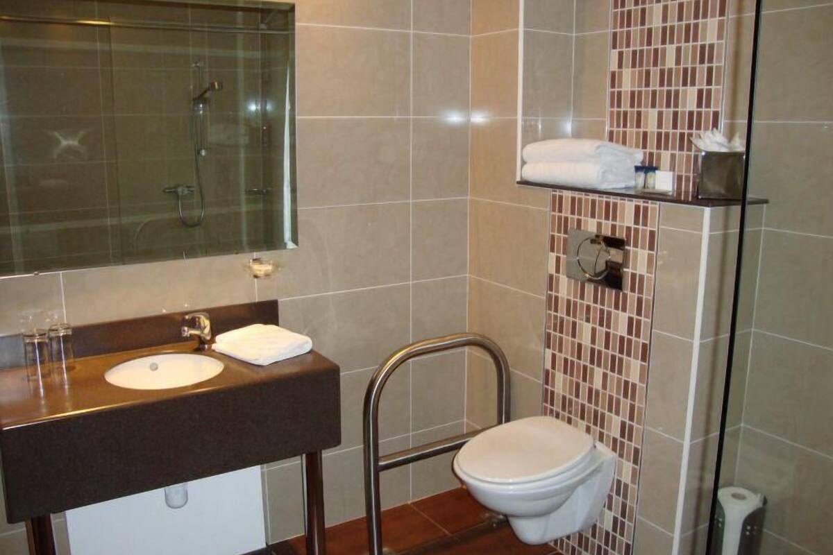 combined shower/bathtub, free toiletries, hair dryer, towels