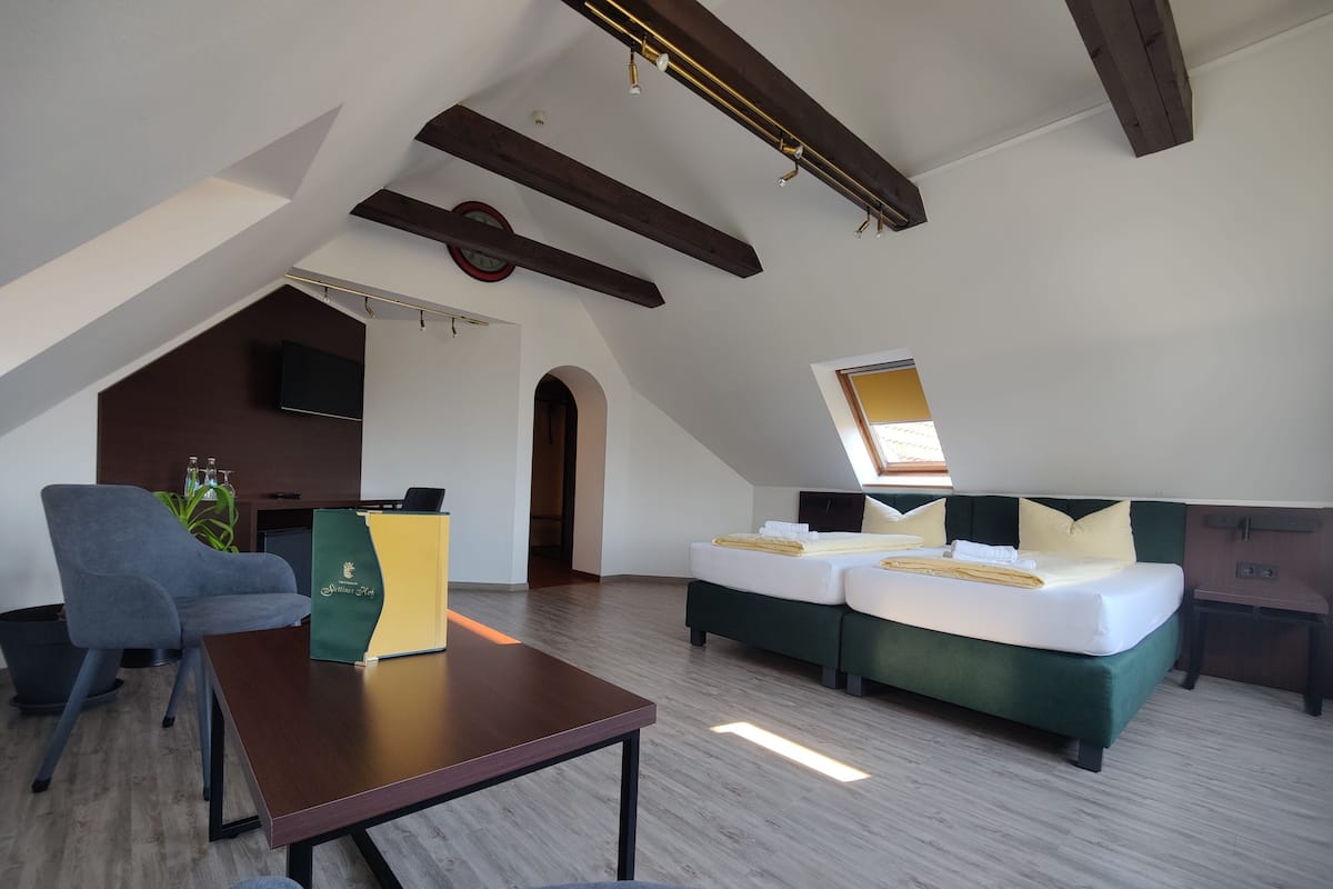 Un dormitorio tipo loft moderno con techo alto, vigas a la vista, tragaluz, sofá verde, escritorio de madera y sillón gris.
