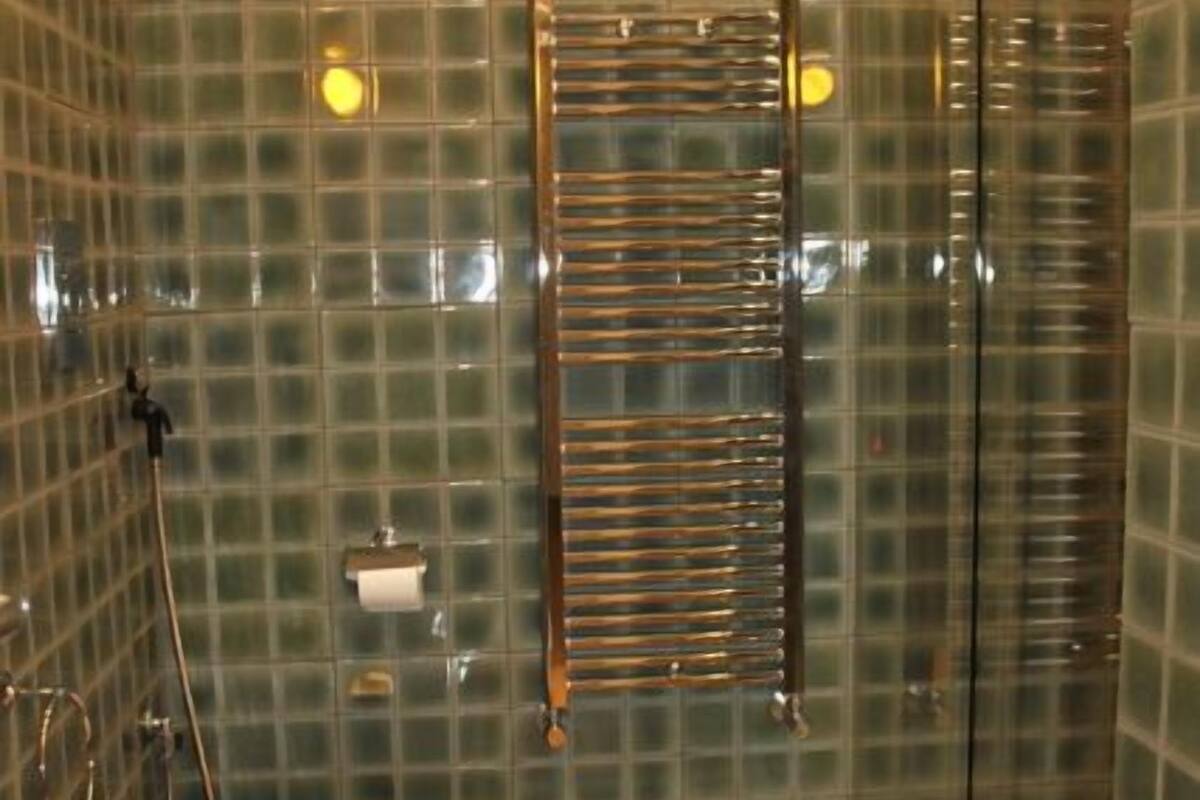 A bathroom with a glass shower enclosure, a towel rack, two sinks, and a toilet.
