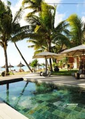 Outdoor pool, pool umbrellas, pool loungers
