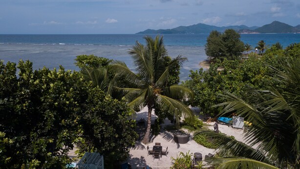 Une vue sur la plage avec un espace repas, des palmiers et une vue sur la mer et les montagnes.