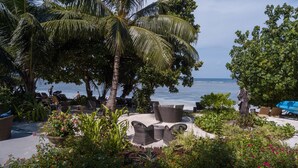 Un complexe hôtelier tropical avec des palmiers, des chaises longues et une vue sur l’océan.