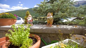 A garden with potted plants and two figurines on a stone ledge. - Garnì Oasi (Livigno)