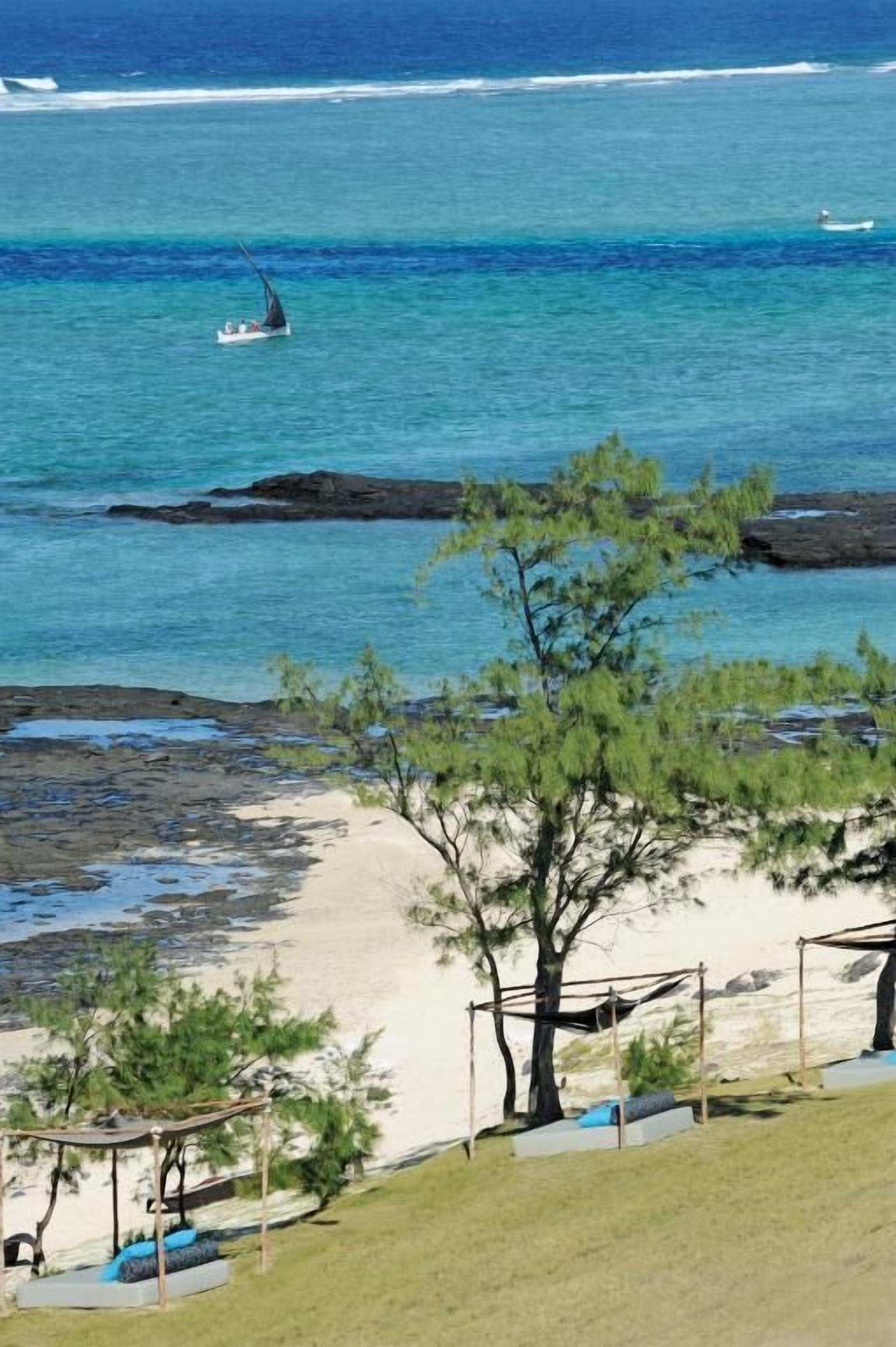 Una playa con una hamaca, un columpio y un bote pequeño en el agua.