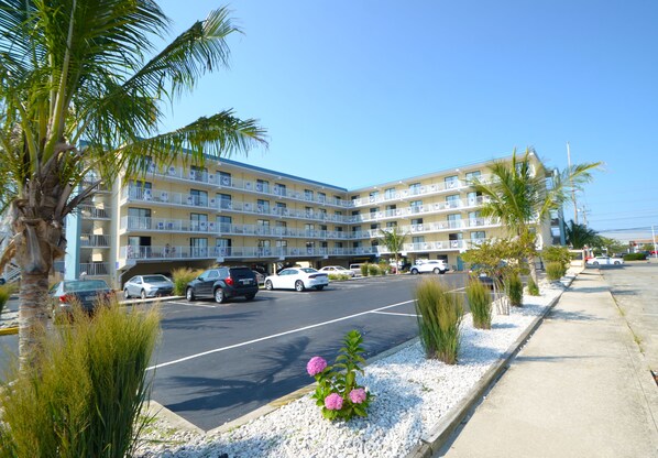 A multi-story hotel with balconies, a parking lot, and palm trees. - Coastal Palms Inn & Suites (Ocean City)