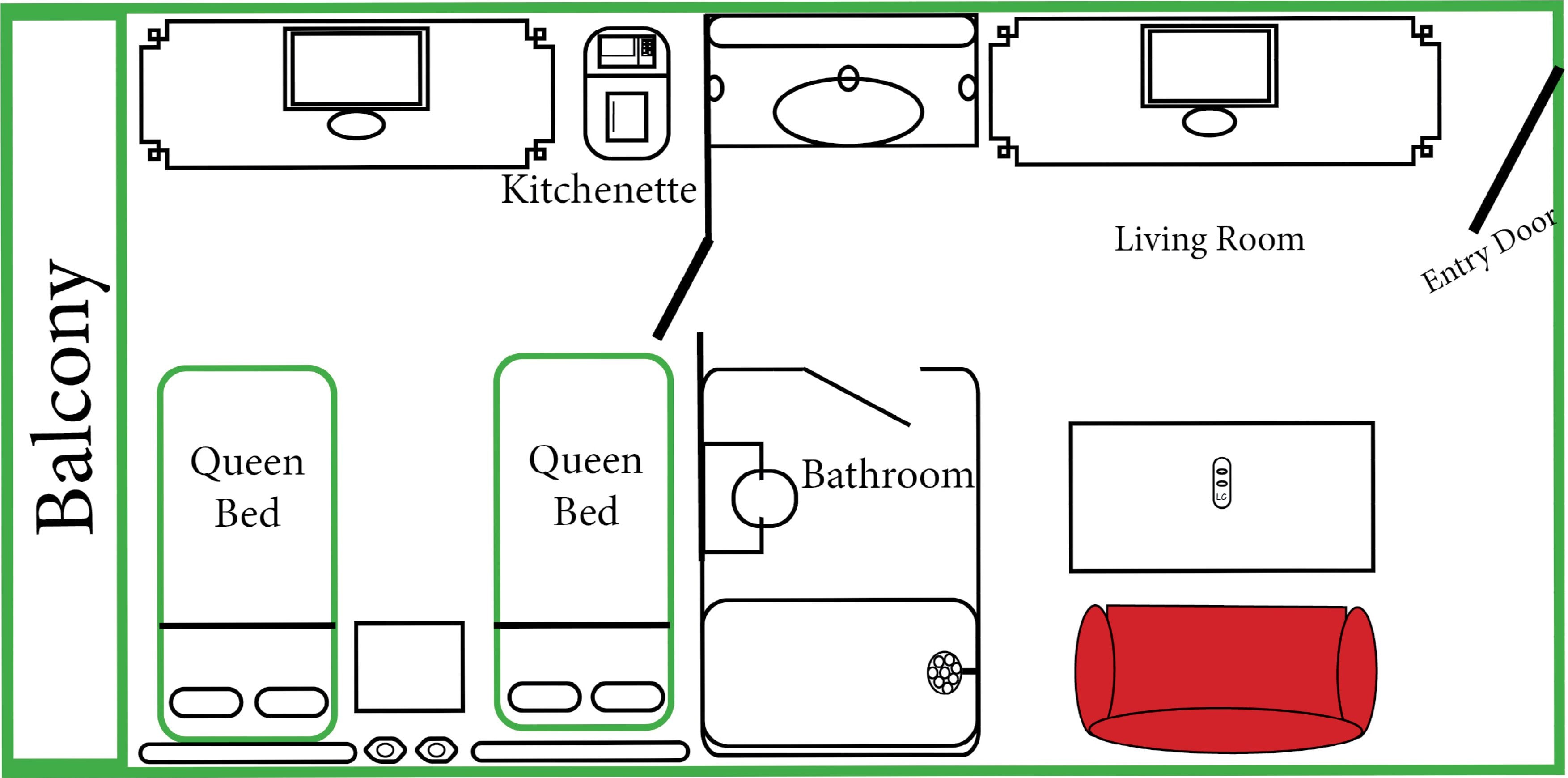 A hotel room layout with a balcony, two queen beds, a kitchenette, a living room, a bathroom, and an entry door.
