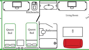Indeling van een hotelkamer met balkon, twee queensize bedden, kitchenette, zitgedeelte, badkamer en toegang deur.