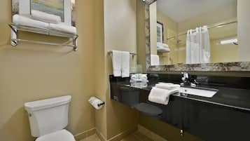 Combined shower/bathtub, free toiletries, hair dryer, towels