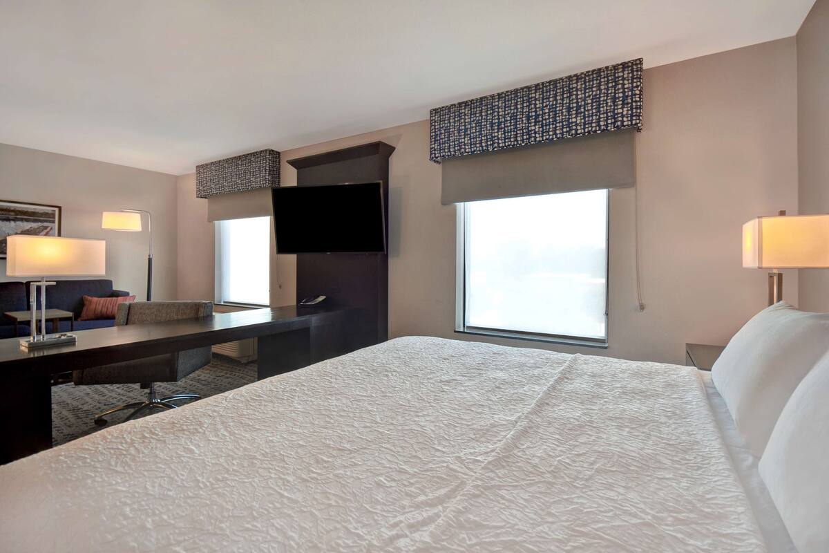 A hotel room with a large bed, a desk, a chair, a TV mounted on the wall, and a window providing a view.