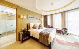 Una habitación de hotel moderna con una cama grande, una mesita de noche con radio, zona de ducha de vidrio y vistas a la ciudad a través de amplios ventanales.