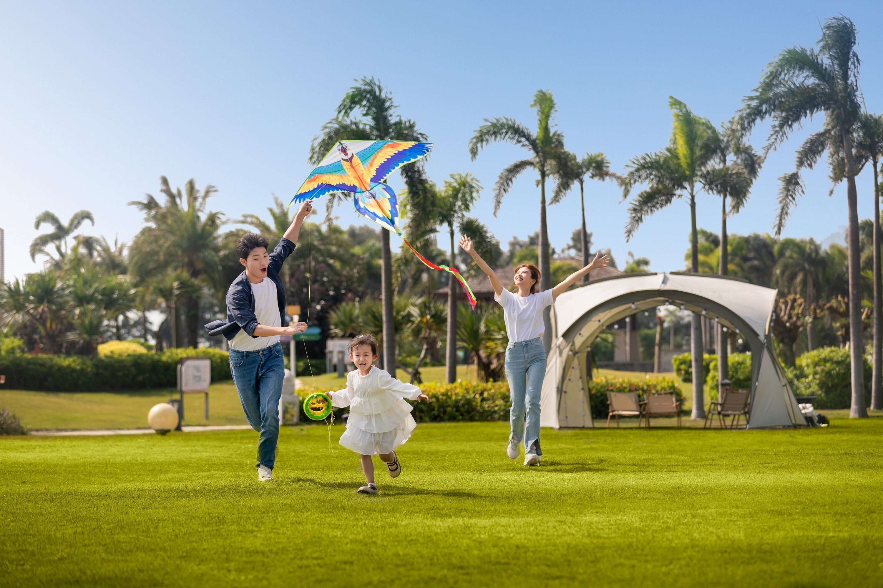 A family flying a kite in a park with palm trees and a tent in the background.