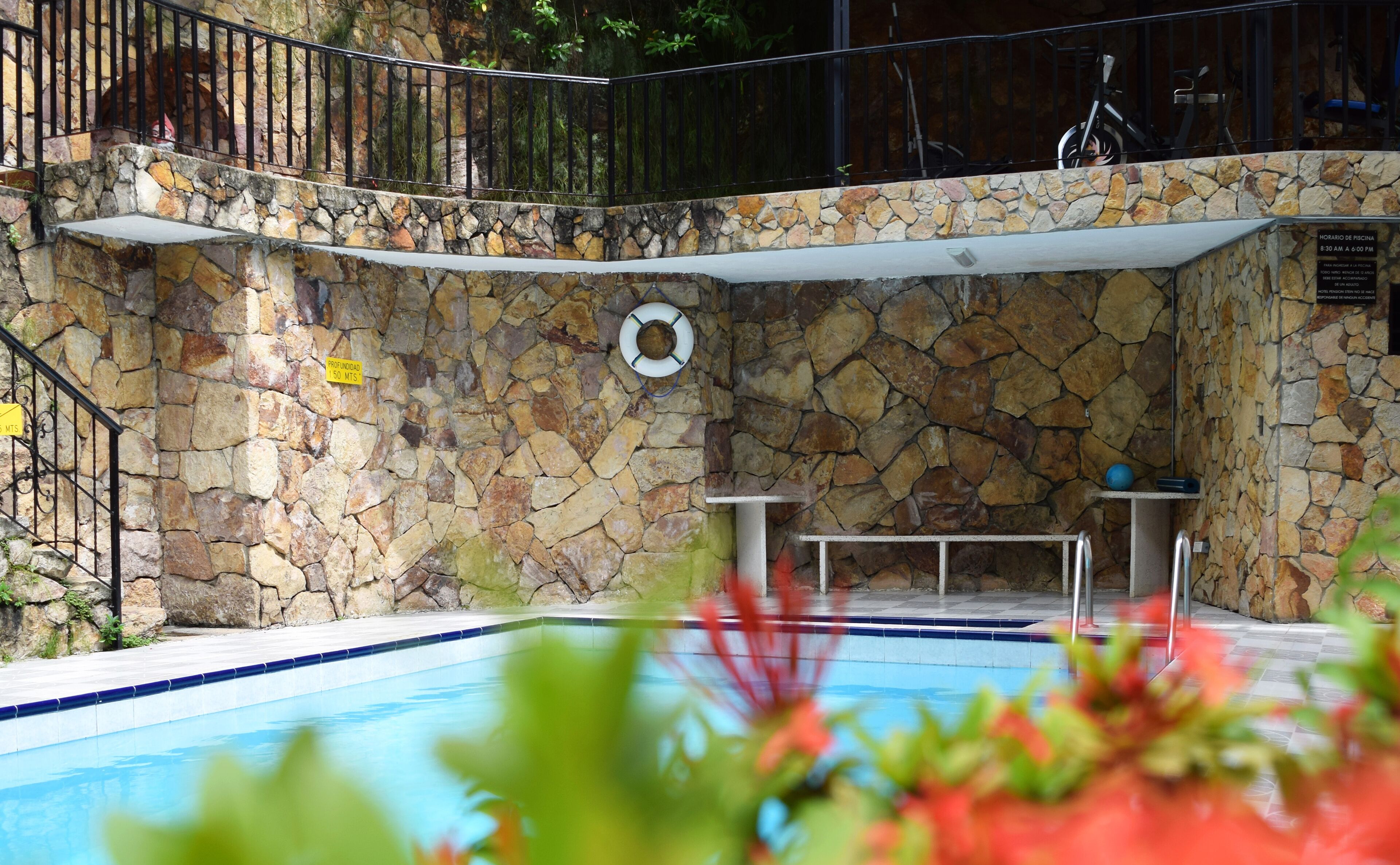 Outdoor pool, pool umbrellas, pool loungers