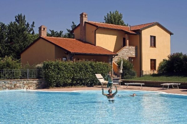 Outdoor pool, pool umbrellas, pool loungers