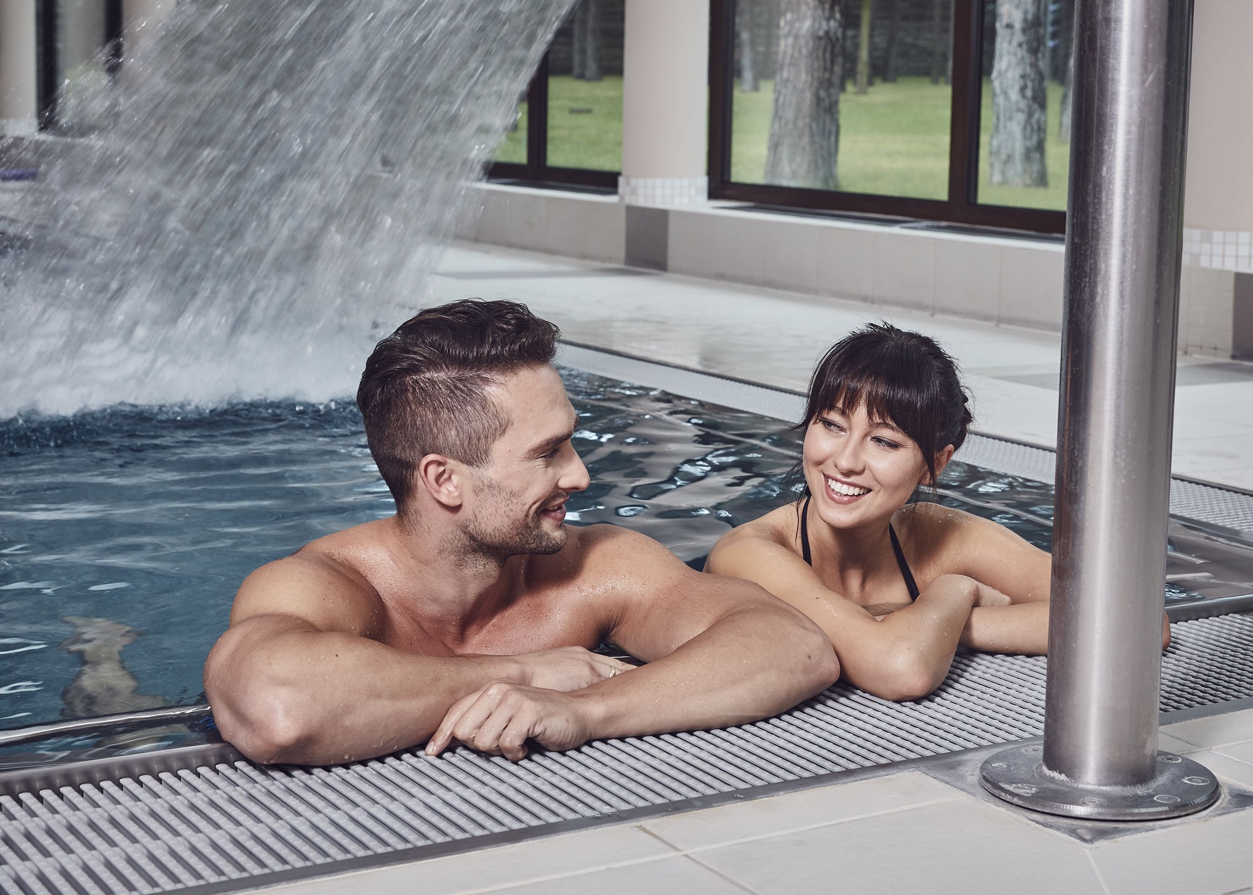 indoor pool, pool loungers