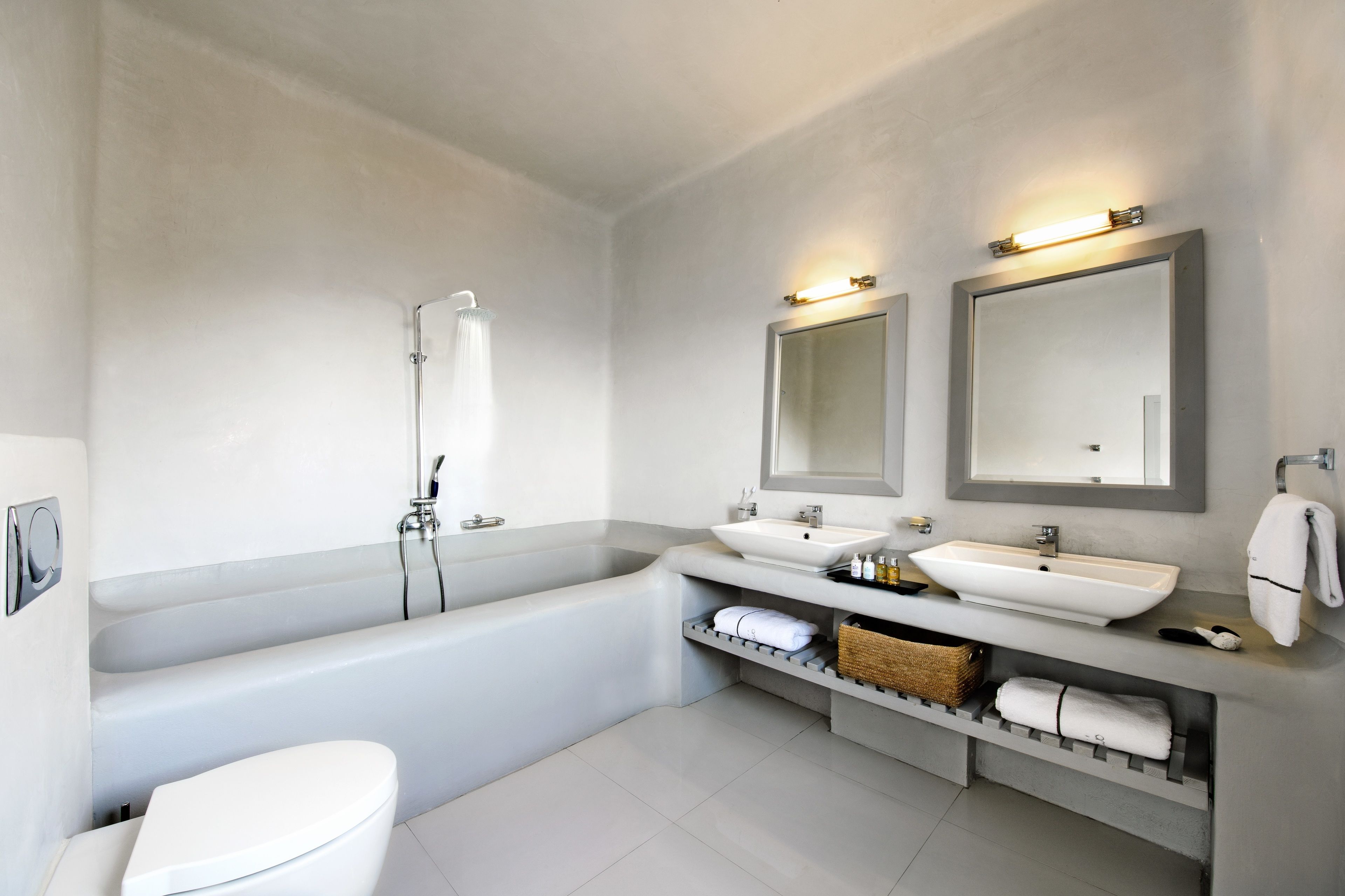 designer toiletries, hair dryer, bathrobes, slippers