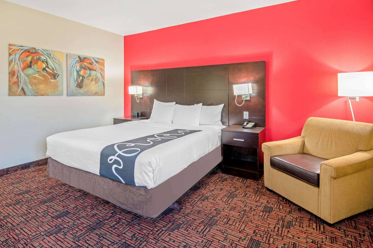 A hotel room with a large bed, a red accent wall, two paintings, a sofa, and a patterned carpet.