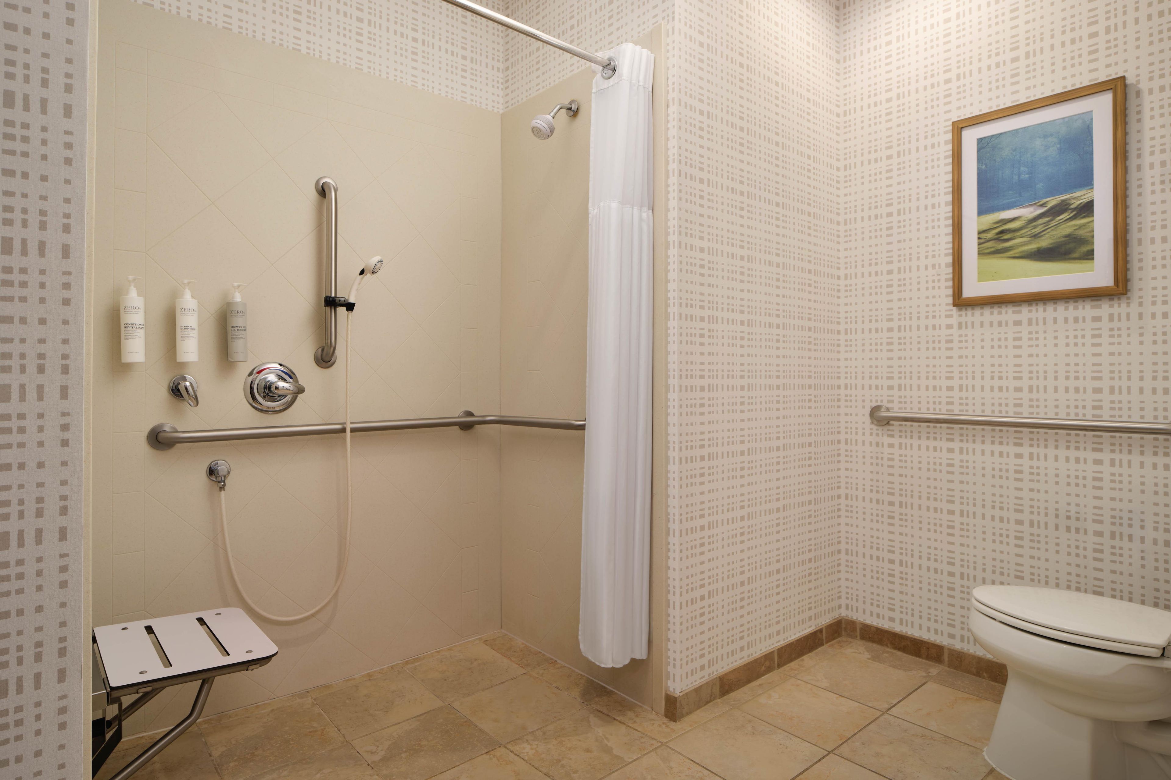 A bathroom with a shower, toilet, and handrails.