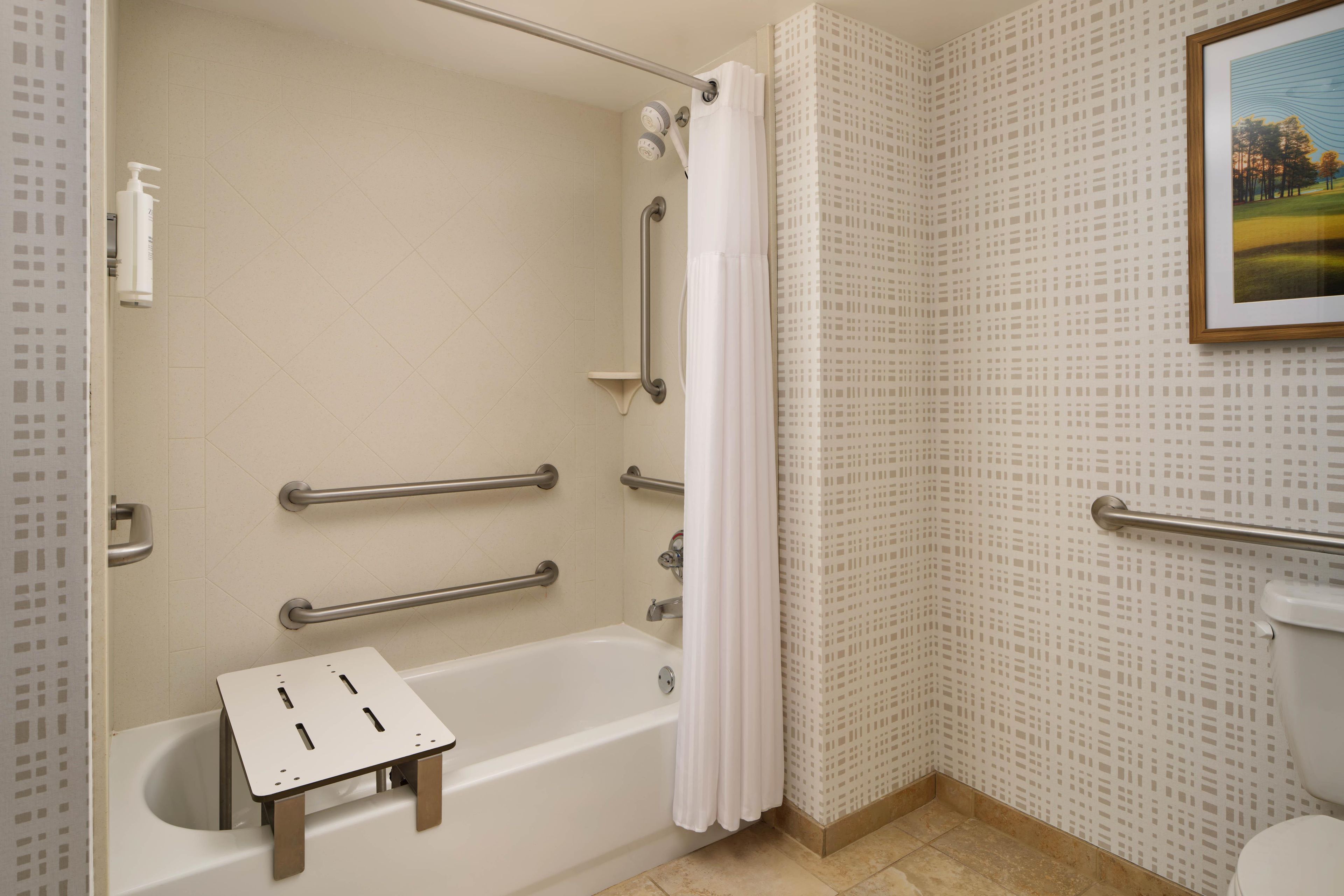 A bathroom with a bathtub, grab bars, a shower curtain, a toilet, and a framed picture on the wall.