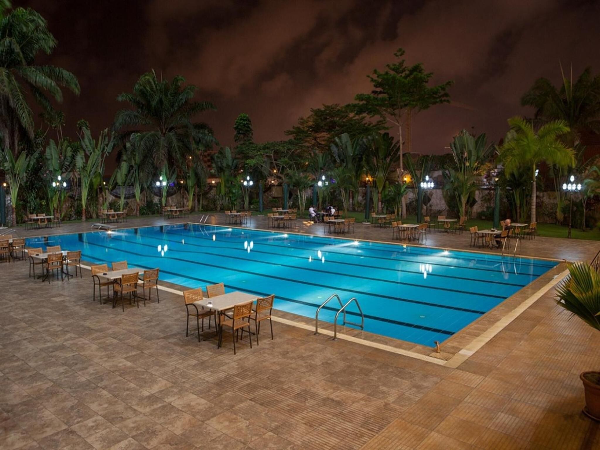 outdoor pool, pool umbrellas, pool loungers