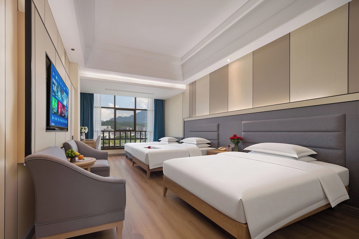 Habitación de hotel con una cama grande, una cama más pequeña, un sofá, un televisor y vistas al exterior.
